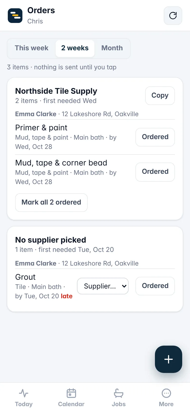 Orders page grouped by supplier